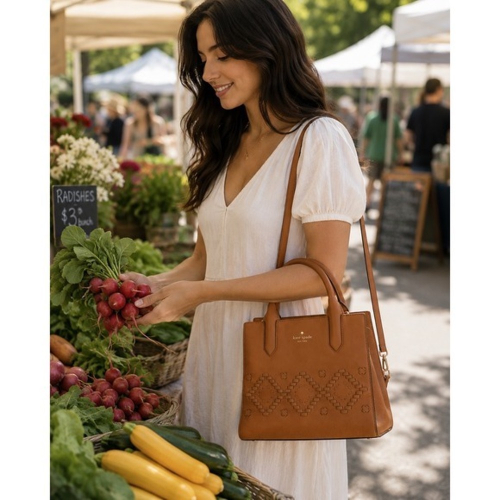 Kate Spade Bag Meriwether Flynn Crossbody Satchel Cognac Brown Woven Leather - Picture 2 of 12